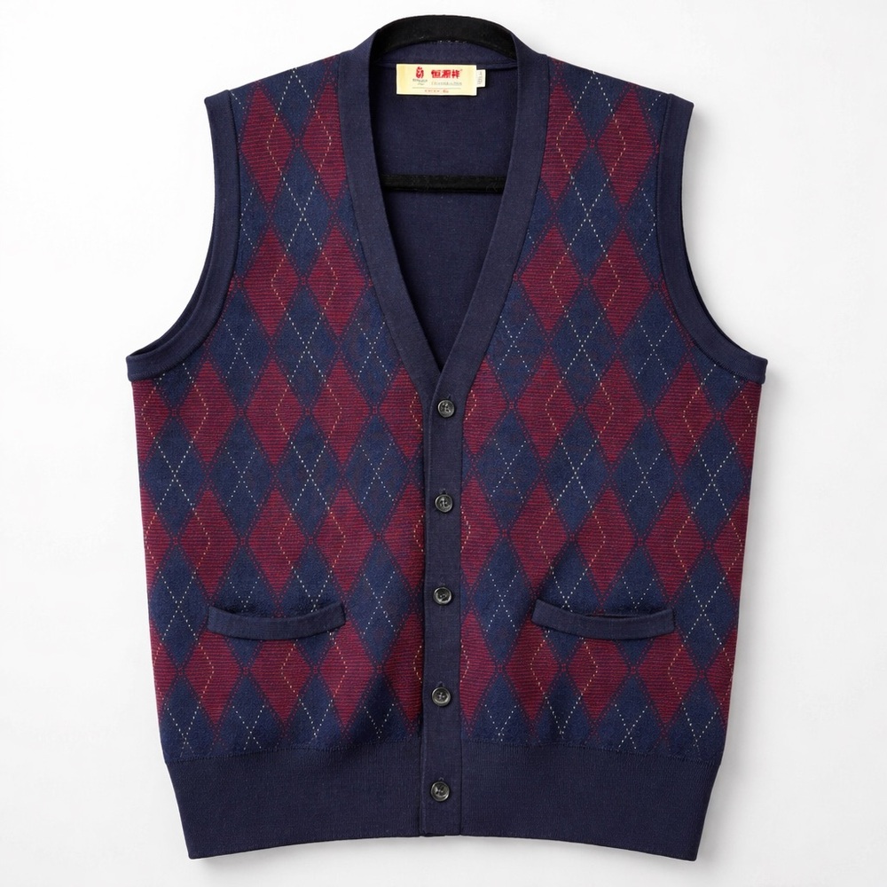 Vintage Argyle Sweater Vest Wool Navy Red Grandpa Preppy 2008 Olympic